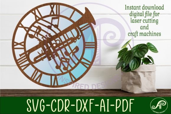 Trumpet Wall Clock Laser Cut Files, SVG